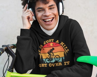Funny Mountain Biking Hoodie: Retro Sunset Design