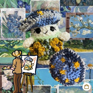 Può includere: Un peluche a forma di fungo fatto a mano con un basco blu e giallo e una base rotonda abbinata. Il fungo ha un corpo bianco, occhi neri e un colletto verde. Lo sfondo è composto da dipinti di Van Gogh.