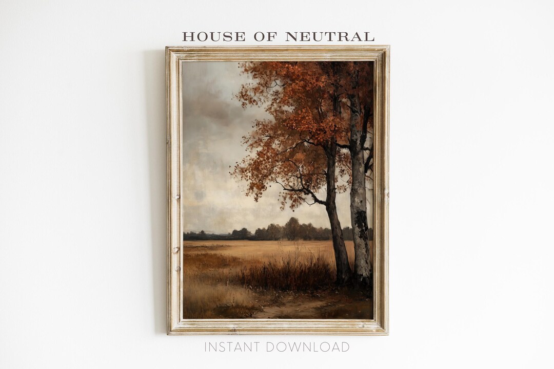 Rustic Fall Drawing Rustic Autumn Landscape Painting, Vintage Farmhouse Art (digital ...