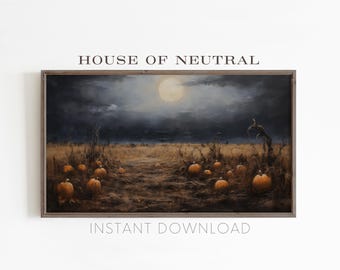 Pumpkin Patch at Night Frame TV Art – Moody Fall Oil Painting (Digital Download)