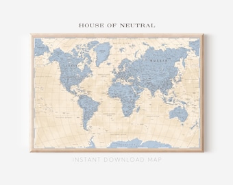 May include: A vintage-style world map with a light blue color scheme and a beige background. The map is framed in a light wood frame. The text "HOUSE OF NEUTRAL" is at the top of the map and "INSTANT DOWNLOAD MAP" is at the bottom.
