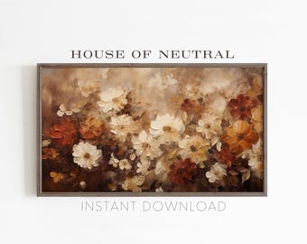 May include: A vintage-style painting of a bouquet of white and orange flowers with a brown background. The painting is framed in a simple brown frame.