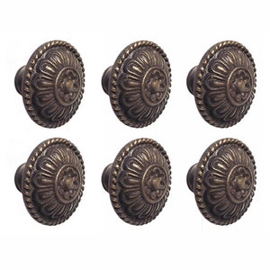 Lot of 6pcs Knob Drawer Pulls, Vintage Chrysanthemum Flower Drawer Handle, Antique Solid Brass Drawer Pulls Kitchen Decor