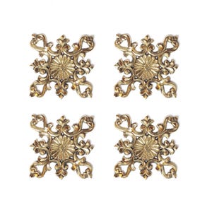 Set of 4 Vintage Rosette Flower Brass Corner Plates: Drawer Decor