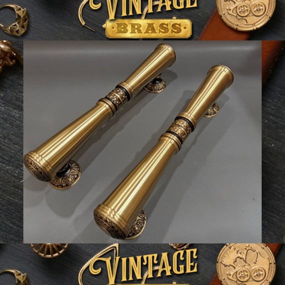 Pair of Vintage Entry Door Pull Handle Egypt Elegant Carve Brass