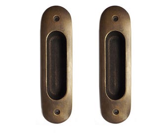 Set of Vintage Round Recessed Flat Sliding Door Handle Solid Brass Cabinet Handle Pull Home Decor