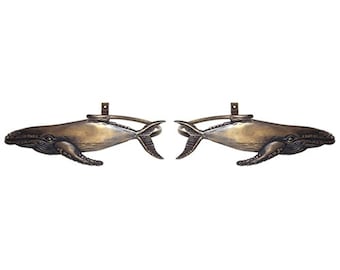 Set of Humpback Whale Curtain Tie Backs, Vintage Curtain Holdback, Solid Brass Wall Hooks Hanger, Curtain Tie Backs Home Decor