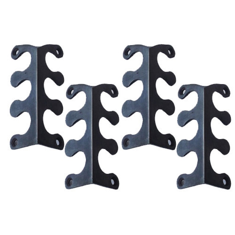 May include: Set of four black metal wall mounted hooks with three prongs each. The hooks are designed to hold items like coats, hats, or bags.