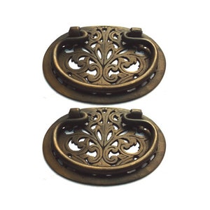 Pair of Knob Drawer Pulls, Vintage Filigree backplate Drawer Handle, Solid Brass Drawer Handle, Kitchen Drawer Pulls