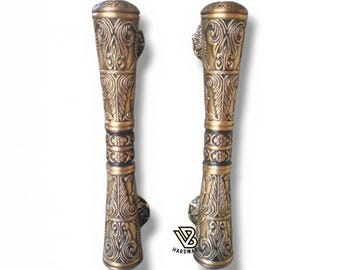 12.99" inch Set of Vintage Godo Carve unique Main Entry Door Handle Pull Antique Brass