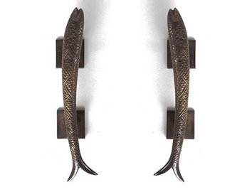 Pair of Vintage Brass Pisces Fish Knob Cabinet Door Handle animal Pull Kitchen Decor