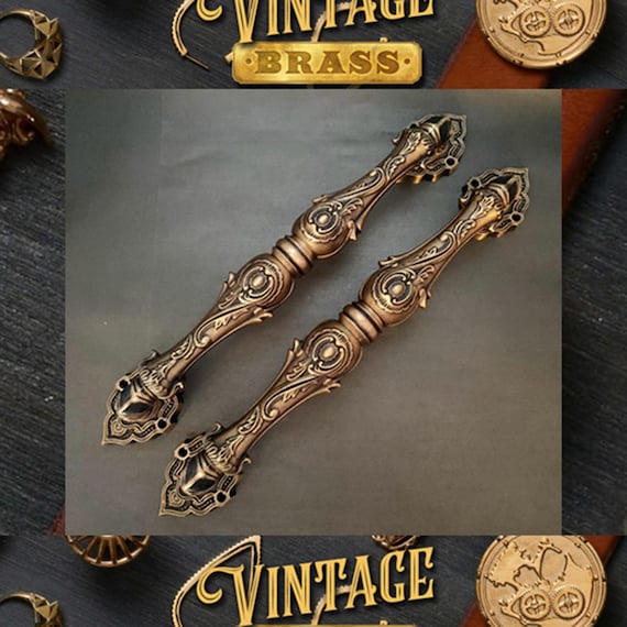 Set of Vintage Main Entry Door Pull Handle Batik shape Solid Brass Home Decor