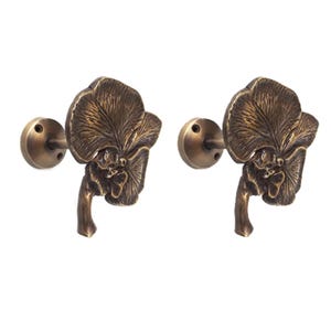 Set of Vintage Orchid Curtain Tie Backs Flower Holdback Solid Brass Wall Hooks Home Decor