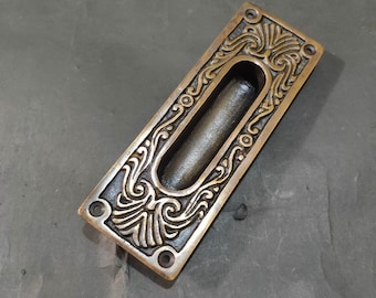 Set of Vintage Fine Carve Sliding Dresser Door Handle Antique Brass Recessed Cabinet Handle Home Decor
