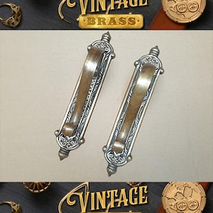Set of 2 Vintage Crown Carve Brass Door Pulls - 11.4&quot;
