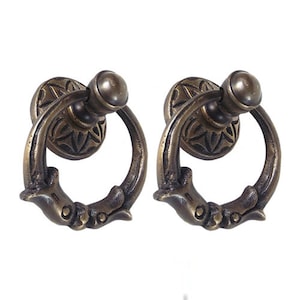 Pair of Knob Drawer Pulls, Knob Drawer Handle, Vintage French Ring Antique Solid Brass, Brass Drawer Pulls Home Decor