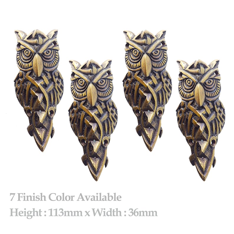 May include: Four gold-colored owl-shaped door knobs with intricate Celtic knot designs. Each knob measures 113mm in height and 36mm in width.