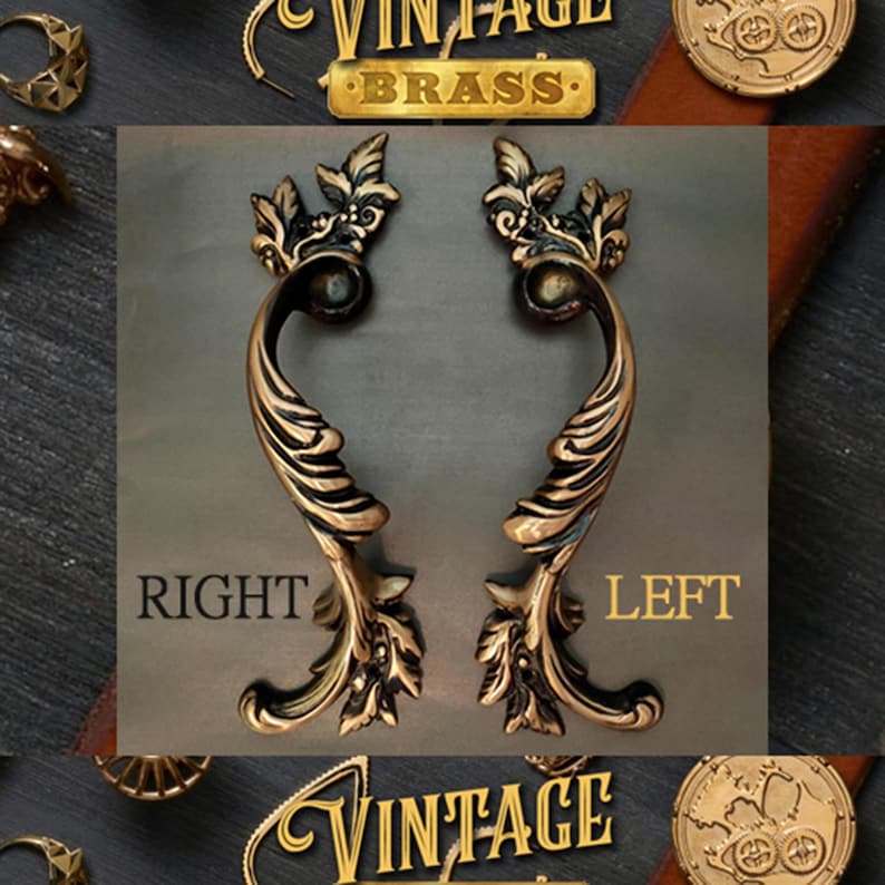 May include: A pair of ornate, vintage brass cabinet door pulls with a leaf design. The pulls are labeled "Right" and "Left" and are in a vintage style.
