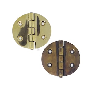 May include: Two circular metal hinges with a central pin and four screw holes each. One hinge features a polished, reflective gold-tone finish, while the other displays a darker, matte, aged bronze-tone patina with visible surface texture.
