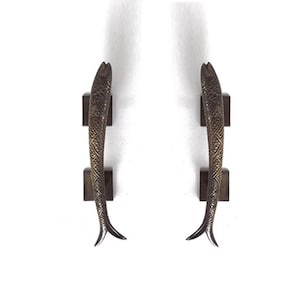Pair of Vintage Brass Pisces Fish Knob Cabinet Door Handle animal Pull Kitchen Decor