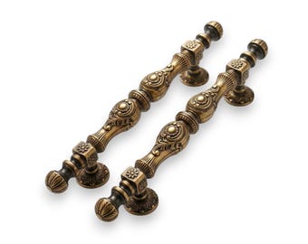 Vintage Luxor Sun Carve Main Entry Door Handle Pull Antique Brass - 21.65" Pair