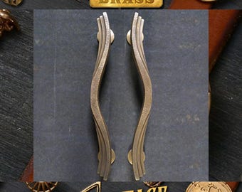 16.9" inch Set of Vintage Fan Motive unique Main Entry Door Handle Solid Brass Pull