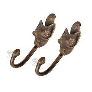 4.72" Vintage FOX HEAD Towel Hook Hanger Brass Wall Mount Clothes Coat Hook Hangers