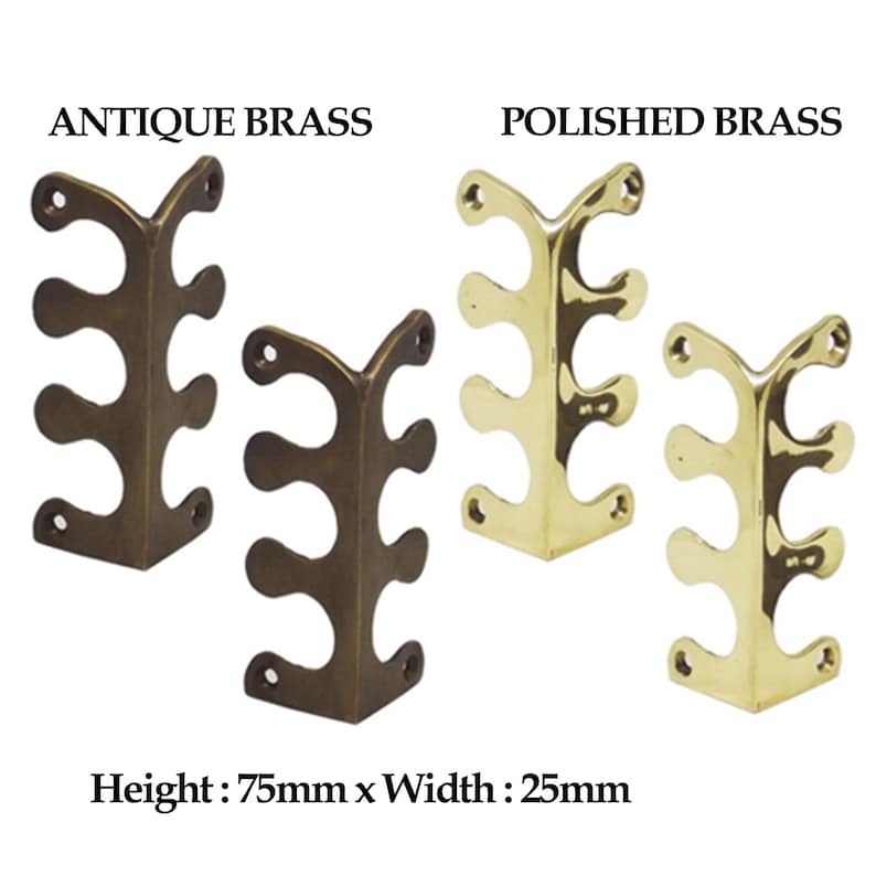 May include: Two corner brackets, one in antique brass and one in polished brass, each with three decorative loops. The brackets are 75mm high and 25mm wide.