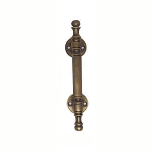 May include: A bronze-colored door pull with a vertical bar and decorative circular mounting plates. The handle has a classic design with rounded finials at the top and bottom. The hardware is likely made of metal.