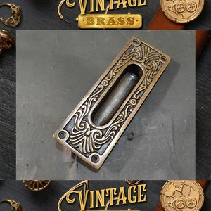 Set of Vintage Fine Carve Sliding Dresser Door Handle Antique Brass Recessed Cabinet Handle Home Decor