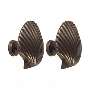 Pair of Vintage Seashell Curtain Tie Backs Holdback Solid Brass Wall Hooks Hanger Antique Decor