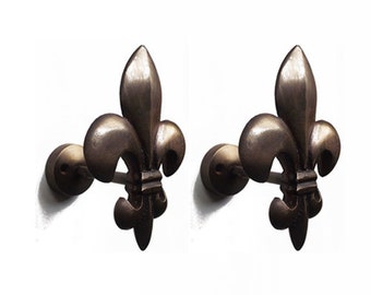 Set of Vintage Fleur de Lies Curtain Tie Backs Holdback Solid Brass Wall Hooks Hanger Home Decor