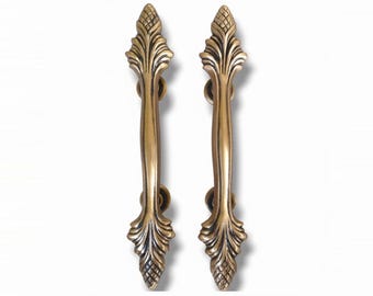 17.71" Solid Brass Main Entry Door Handle Pine Design | Antique Door Pulls Exterior Hardware