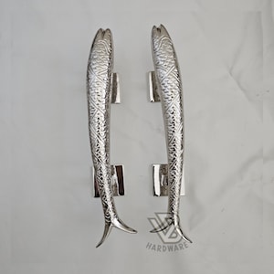 Vintage messing vissen vis deurgrepen: gepolijst nikkel, 11,8 inch (paar)