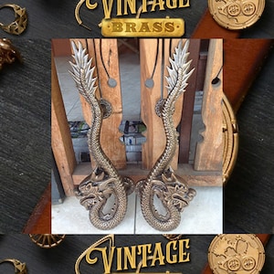 Vintage Dragon Door Handles: Antique Brass Entry Door Pulls 18.8 inches (Pair)