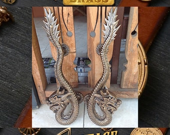 Vintage Dragon Door Handles: Antique Brass Entry Door Pulls 18.8 inches (Pair)