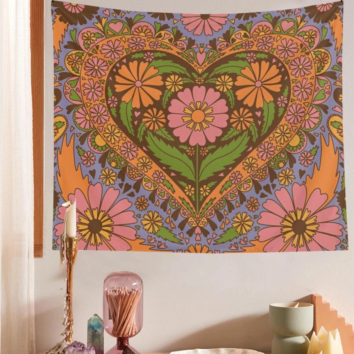 Vintage Flower Wall Tapestry Flower Tapestry Floral Heart Etsy
