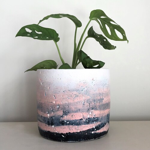 Concrete Indoor Planter in Pink & Navy Ombre Stripe design, Concrete Indoor Plant Pot, Cactus Planter, Succulent Planter, Medium 11cm