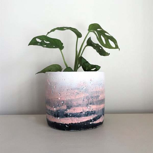 Concrete Indoor Planter in Pink & Navy Ombre Stripe design, Concrete Indoor Plant Pot, Cactus Planter, Succulent Planter, Medium 11cm