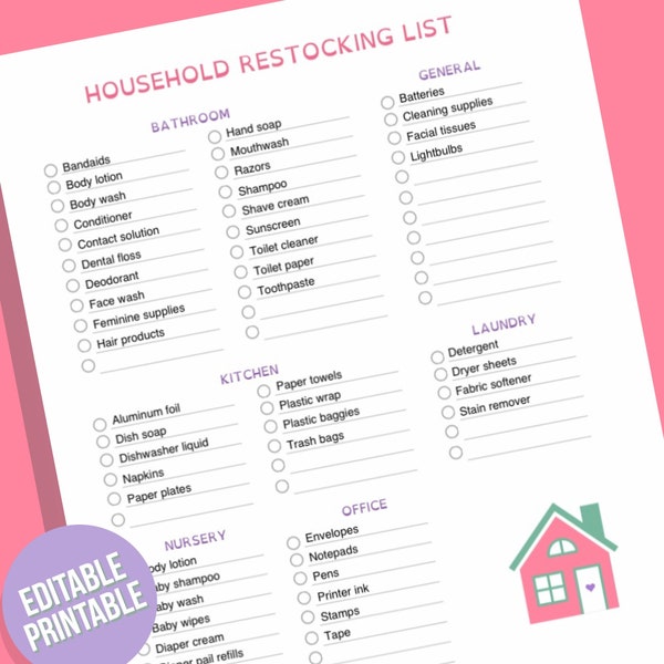 Household Restocking List Printable - EDITABLE Instant Download Digital PDF File - To Buy Checklist Items Needed for House