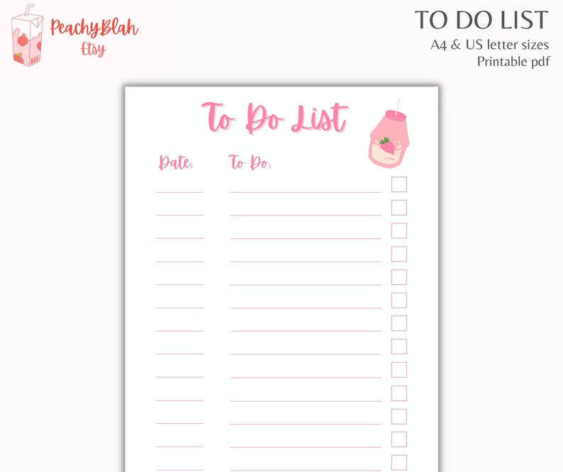 To Do List Printable PDF Cute Kawaii Strawberry Milk Pink | Etsy