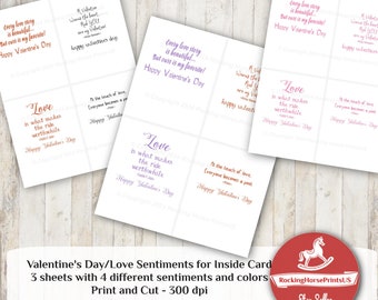 May include: Printable Valentine's Day cards with four different love-themed messages. The cards are white with pink and purple text. The cards are designed to be printed and cut out.