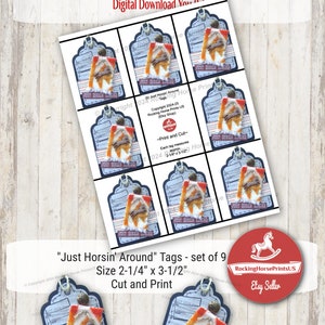 Puede incluir: Nueve etiquetas imprimibles con un diseño de caballo con el texto "Just Horsin' Around". Las etiquetas miden 5,7 cm por 9 cm y están diseñadas para ser cortadas e impresas.