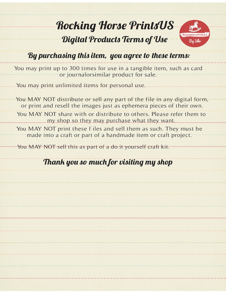 May include: A digital product terms of use document featuring a rocking horse illustration. The document outlines the terms of use for digital products, including printing limitations, distribution restrictions, and commercial use.