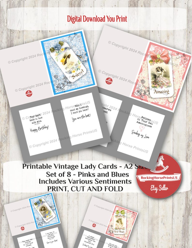 Vintage Lady Cards - Print, Cut and Fold - 300 Dpi JPEG - A2 (4-1/4x X ...