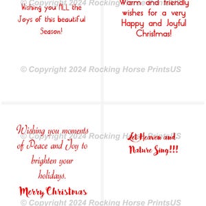 May include: Red text on a white background with a Christmas greeting. The text reads "Wishing you ALL the Joys of this beautiful Season!" and "Warm and friendly wishes for a very Happy and Joyful Christmas!"  Copyright 2024 Rocking Horse PrintsUS.  The text also reads "Wishing you moments of Peace and Joy to brighten your holidays. Merry Christmas" and "Let Heaven and Nature Sing!!!" Copyright 2024 Rocking Horse PrintsUS.