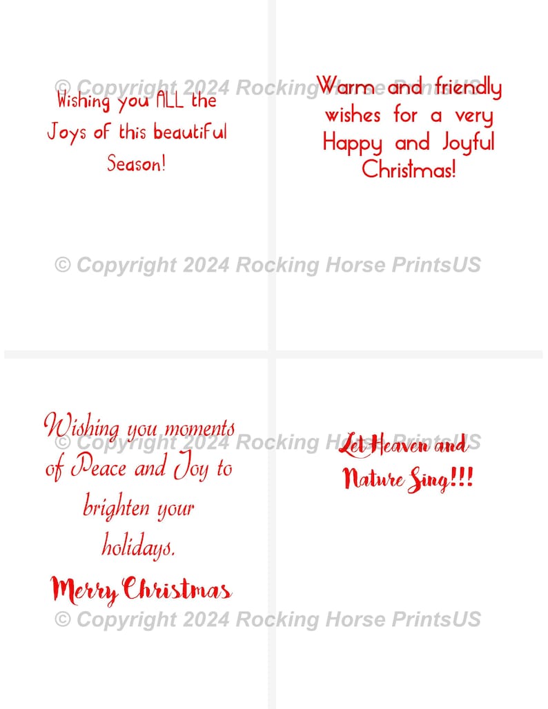 May include: Red text on a white background with a Christmas greeting. The text reads "Wishing you ALL the Joys of this beautiful Season!" and "Warm and friendly wishes for a very Happy and Joyful Christmas!"  Copyright 2024 Rocking Horse PrintsUS.  The text also reads "Wishing you moments of Peace and Joy to brighten your holidays. Merry Christmas" and "Let Heaven and Nature Sing!!!" Copyright 2024 Rocking Horse PrintsUS.