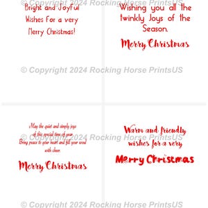 May include: Four red Christmas greeting cards with different holiday messages. The cards feature the text "Merry Christmas" and "Copyright 2024 Rocking Horse PrintsUS".