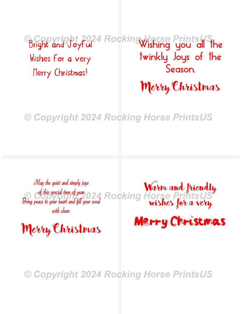 May include: Four red Christmas greeting cards with different holiday messages. The cards feature the text "Merry Christmas" and "Copyright 2024 Rocking Horse PrintsUS".