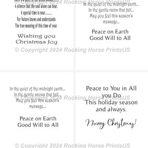May include: A black and white printable Christmas card with the text "Wishing you Christmas Joy" and "Peace on Earth Good Will to All". The card also includes the text "Copyright 2024 Rocking Horse PrintsUS".